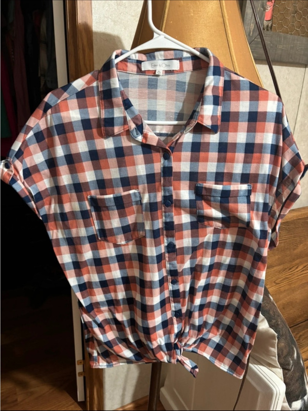 Eden & Olivia Navy, Coral and White Plaid Button-Front Shirt